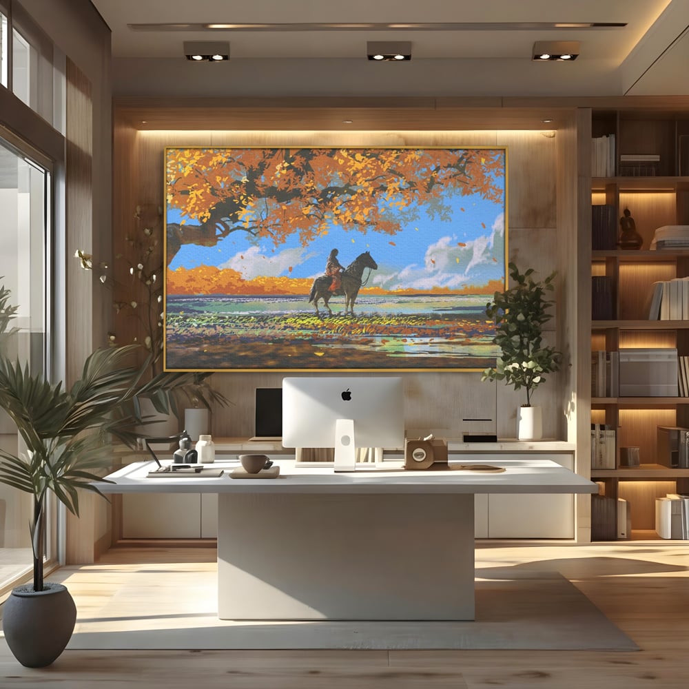 Tablou canvas cu tablou canvas cu fata pe cal, in rama de aluminiu auriu, pe perete intr-un birou